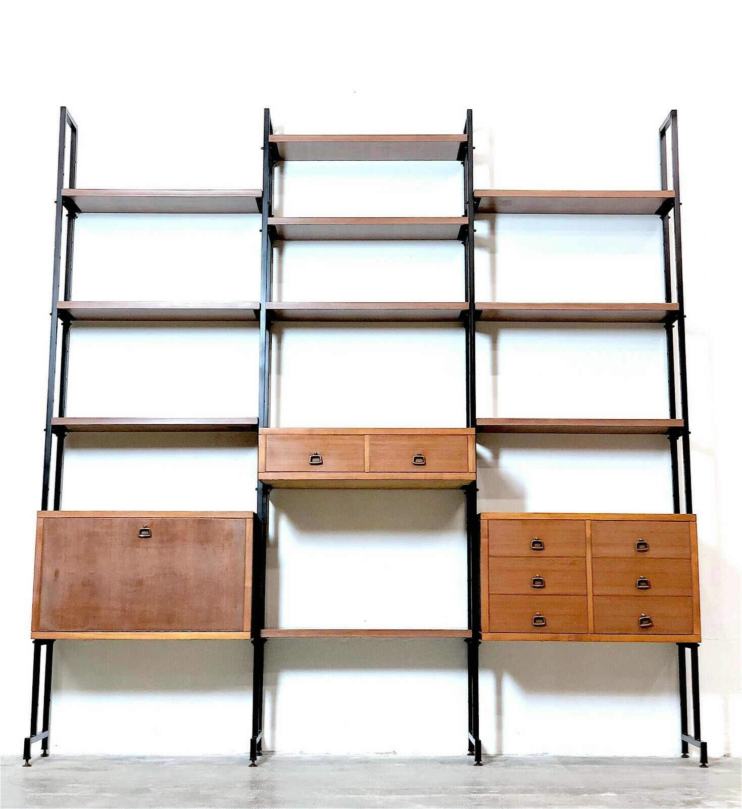 Modular storage unit and teak bookcase. Italy, 60s