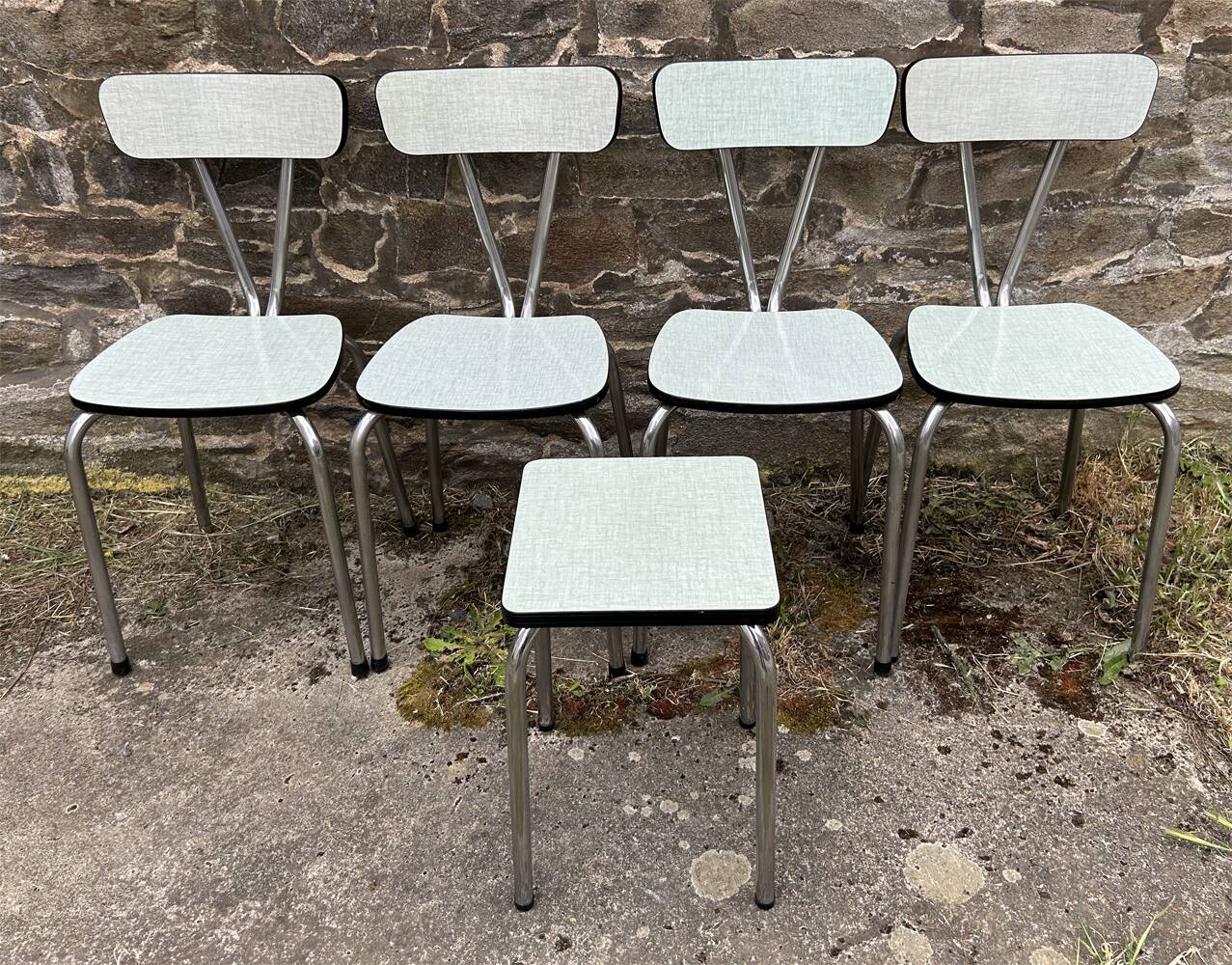 JPP pale green formica table, 4 chairs, 1 stool, 1950s