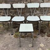 JPP pale green formica table, 4 chairs, 1 stool, 1950s