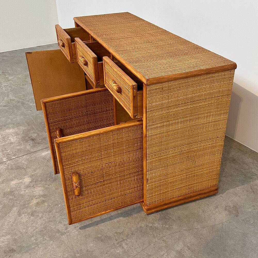 Vintage rattan & bamboo sideboard / credenza, 1970s