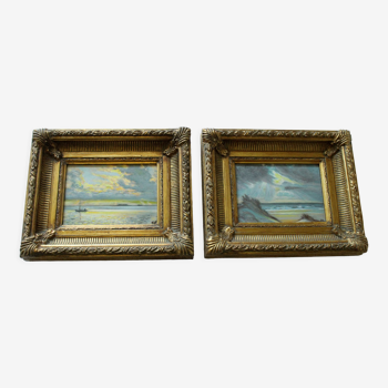 Oil on wood  2 handpainted landscape paintings in golden colored wooden frames, vintage from the 50s