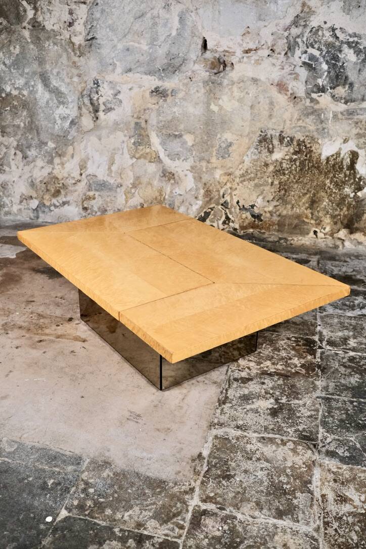 Ash burl bar coffee table, Paul Michel for Roche Bobois, 1980s