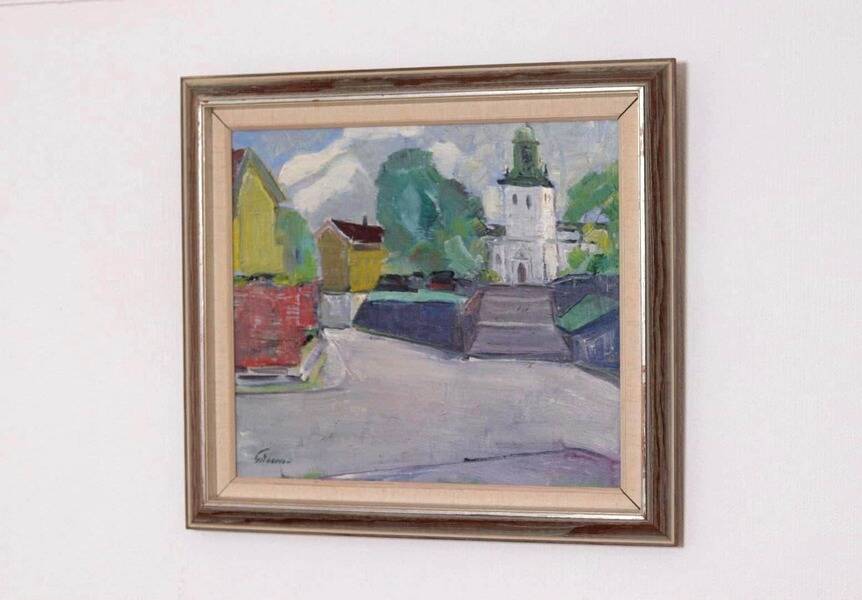 Original Swedish oil on canvas – “Church” by Stig Gilborne – vintage & framed – 67 × 52 cm (26.4" × 20.5")