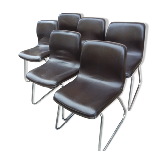 6 ergonomic chairs in monohull wood Brown leatherette and chrome steel around 1960