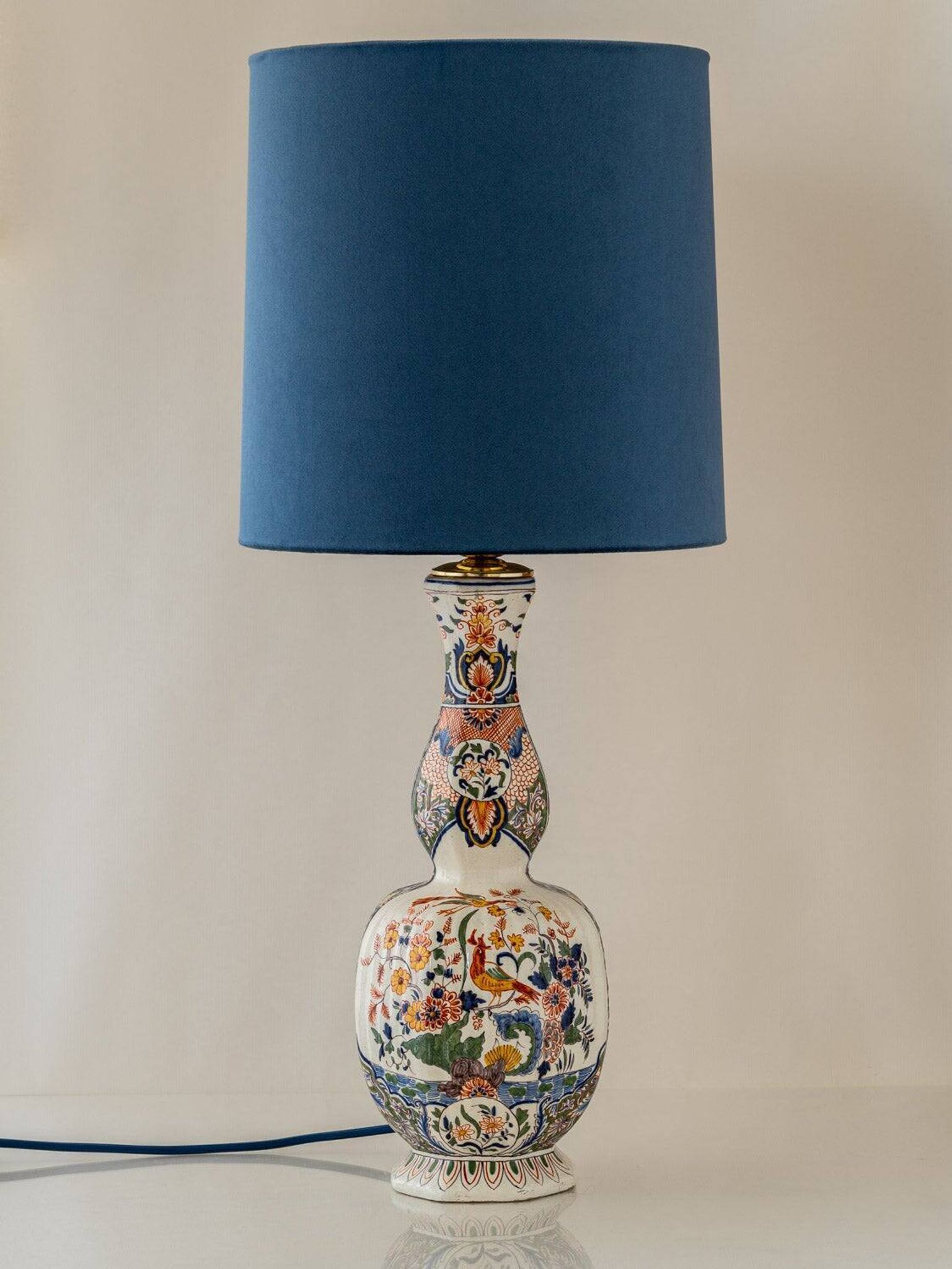 Delft-style ceramic table lamp from France around 1900 with a new blue velvet shade.