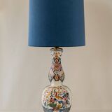 Delft-style ceramic table lamp from France around 1900 with a new blue velvet shade.