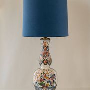 Delft-style ceramic table lamp from France around 1900 with a new blue velvet shade.