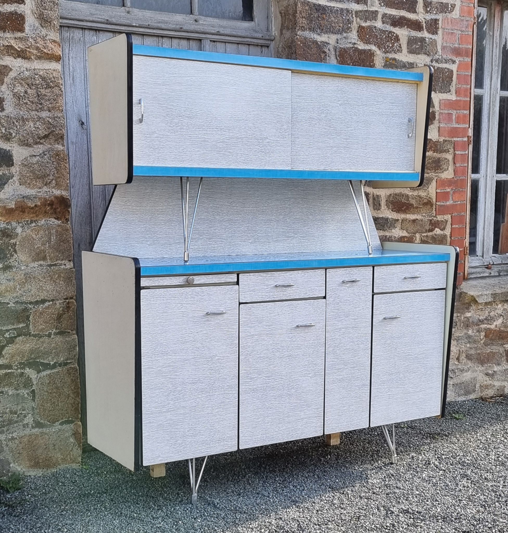 Buffet formica SIF, 3 doors, gray and blue, vintage, 50s
