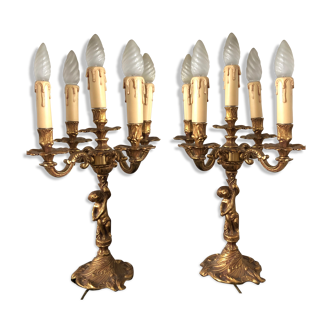 Pair of girandoles in gilded bronze
