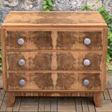 Art Deco chest of drawers in raw walnut burl