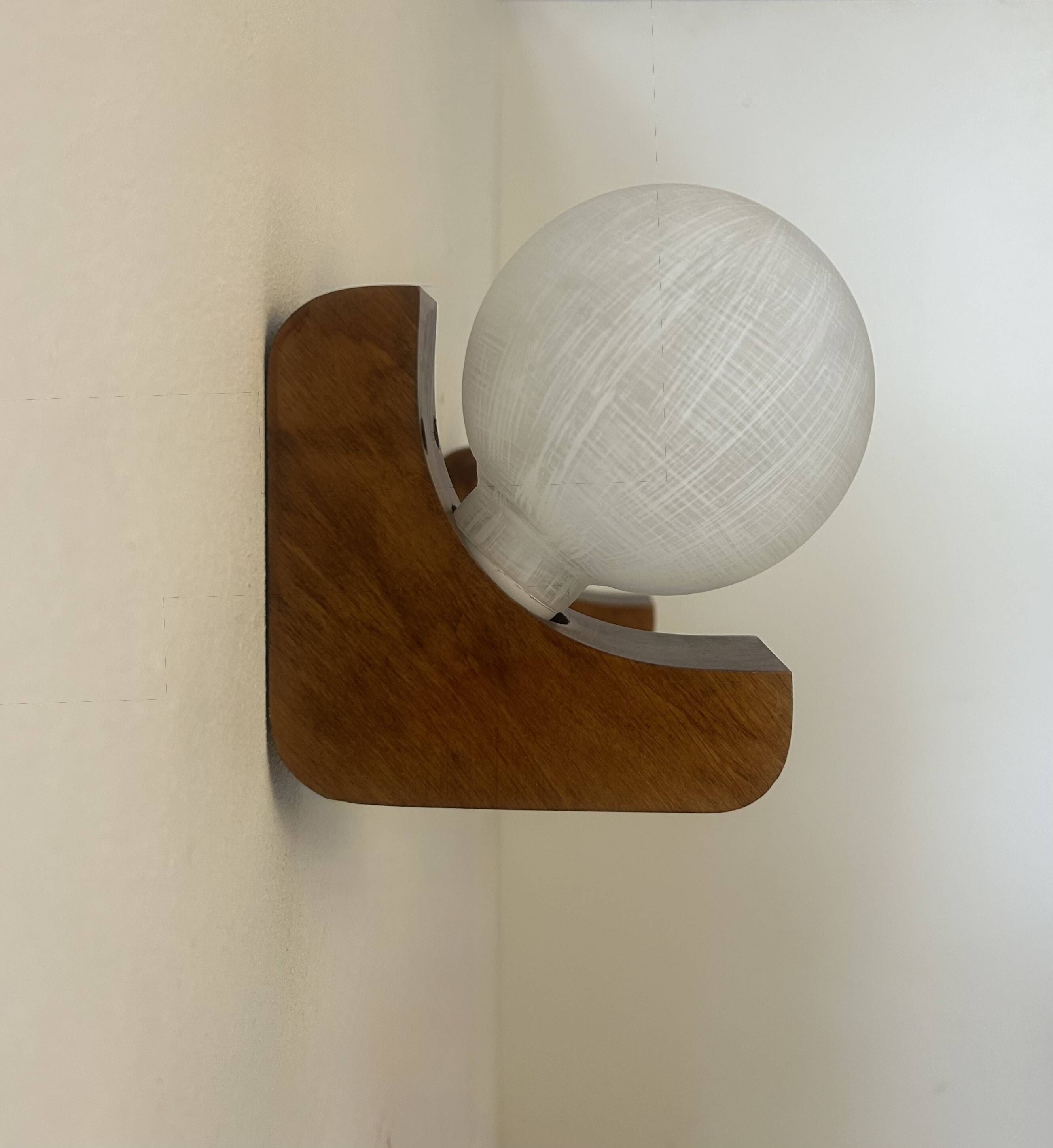 Pair of vintage wall lights, wood and opaline glass, France, 1970