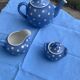 Lavender blue earthenware tea service with white polka dots from Digoin Sarreguemines.