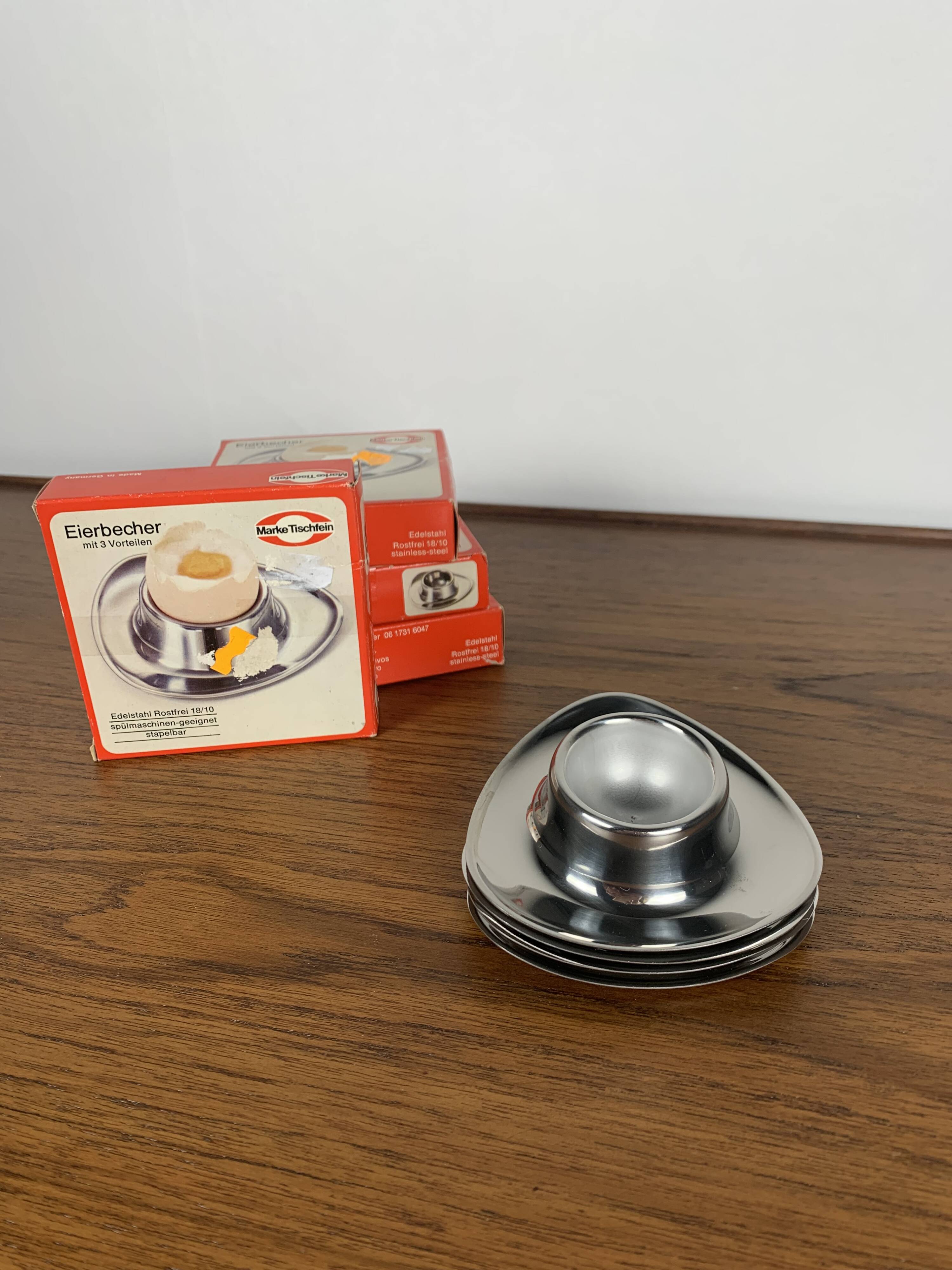 Set of 4 stainless steel egg cups Mark Tischfein, Germany, 1970