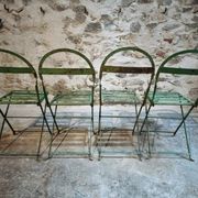 Set of 4 Antique Iron Folding Garden Chairs - 1920s Riveted Bistro Chairs with Aged Green Patina