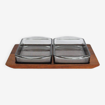 Danish Modern Teak Serving Tray with Glass Bowls by Wiggers, Denmark, 1960s