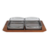 Plateau de service danois moderne en teck avec bols en verre par Wiggers, Danemark, 1960s