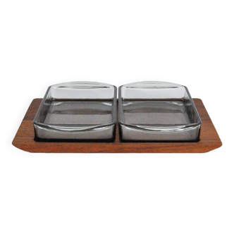 Danish Modern Teak Serving Tray with Glass Bowls by Wiggers, Denmark, 1960s