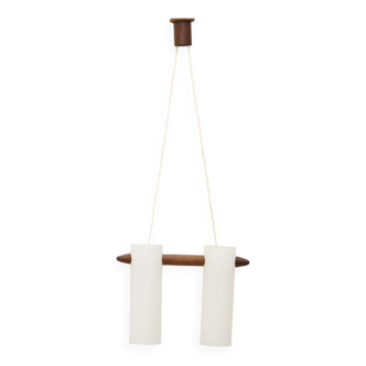 Opaline glass and teak chandelier by Uno & Östen Kristiansson for Luxus, 1960s.