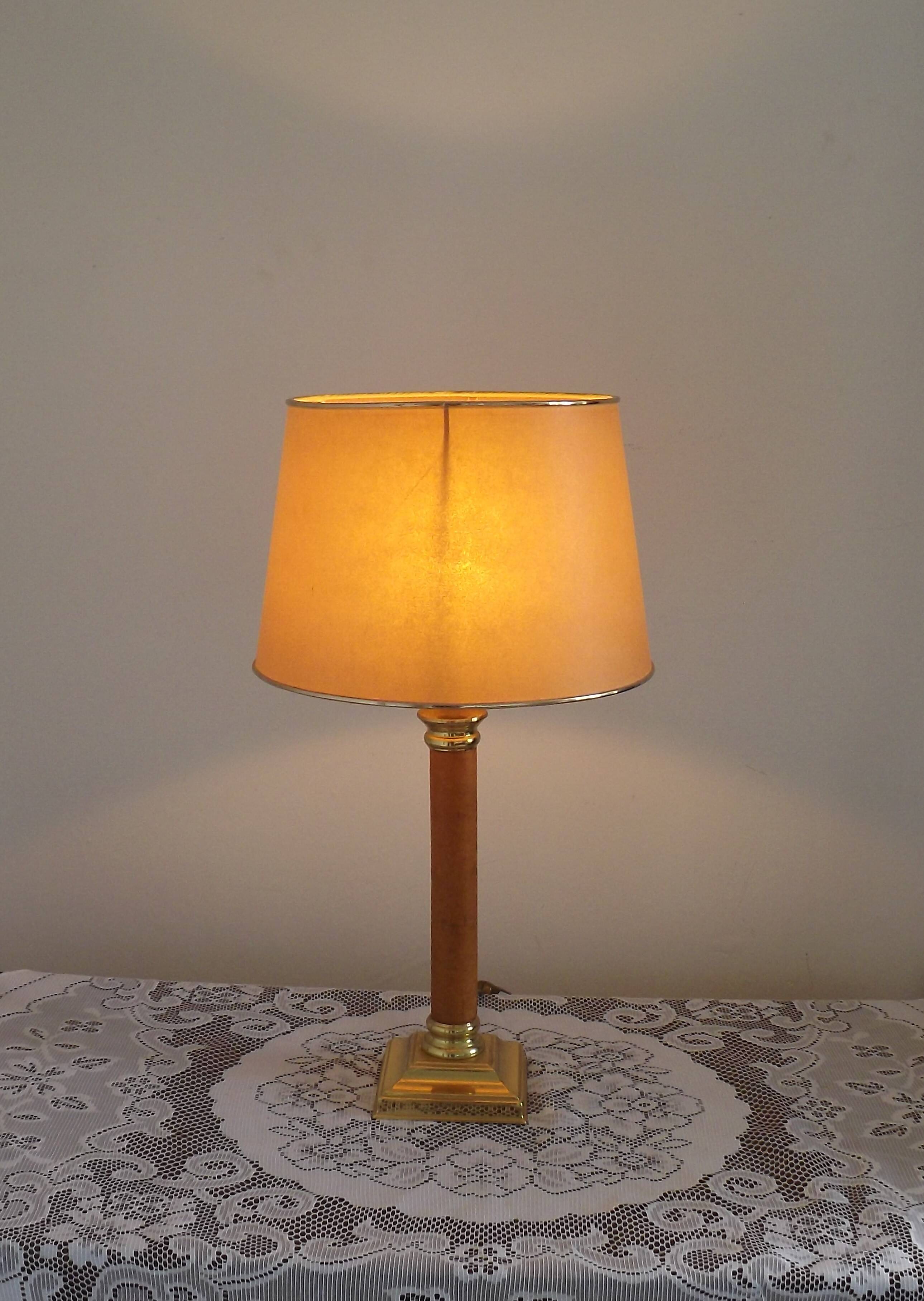 Tall French Mid Century Table Lamp Square Base With Beige and Gold Shade
