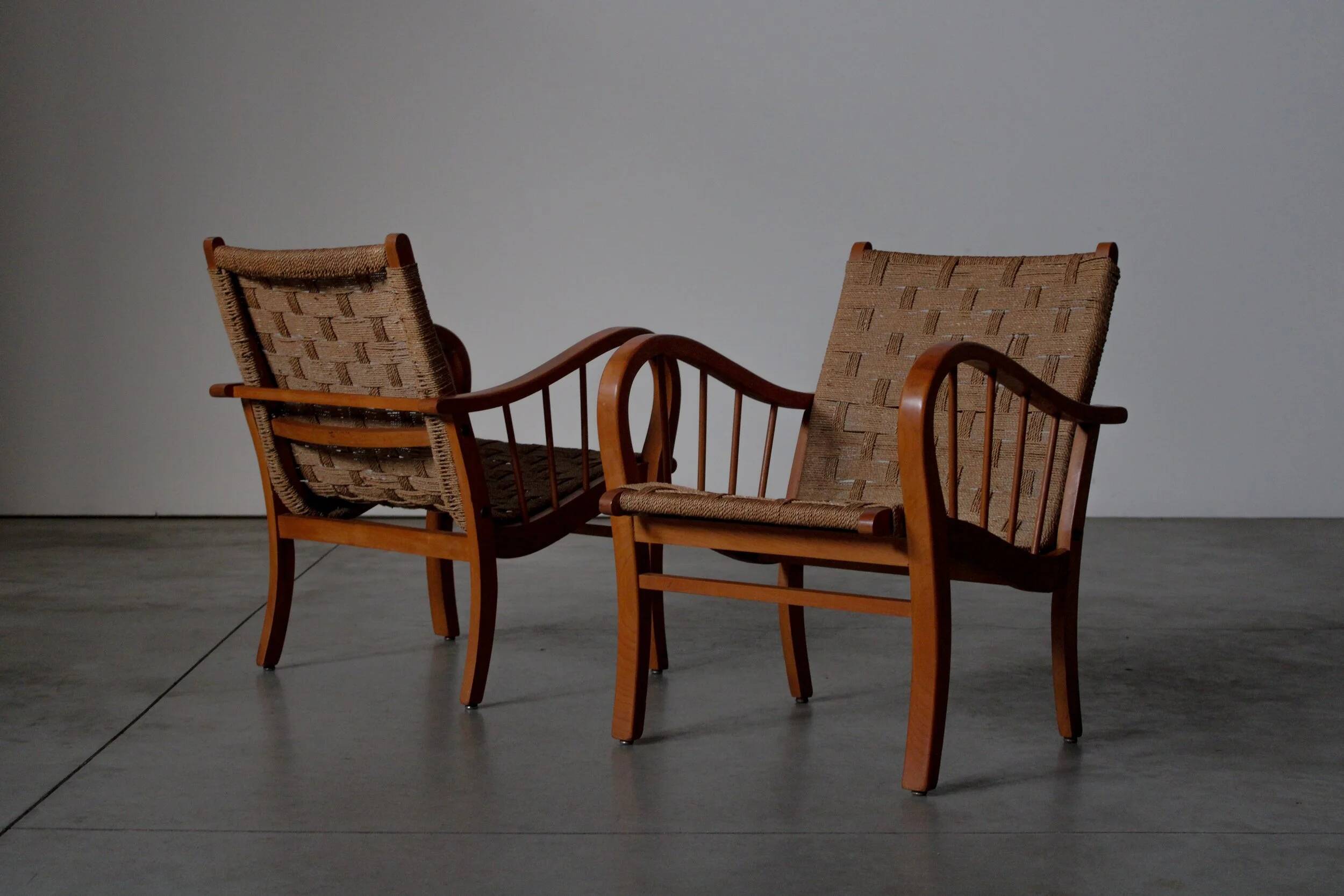 Pair of oak and rope arm chairs - Germany 1950s