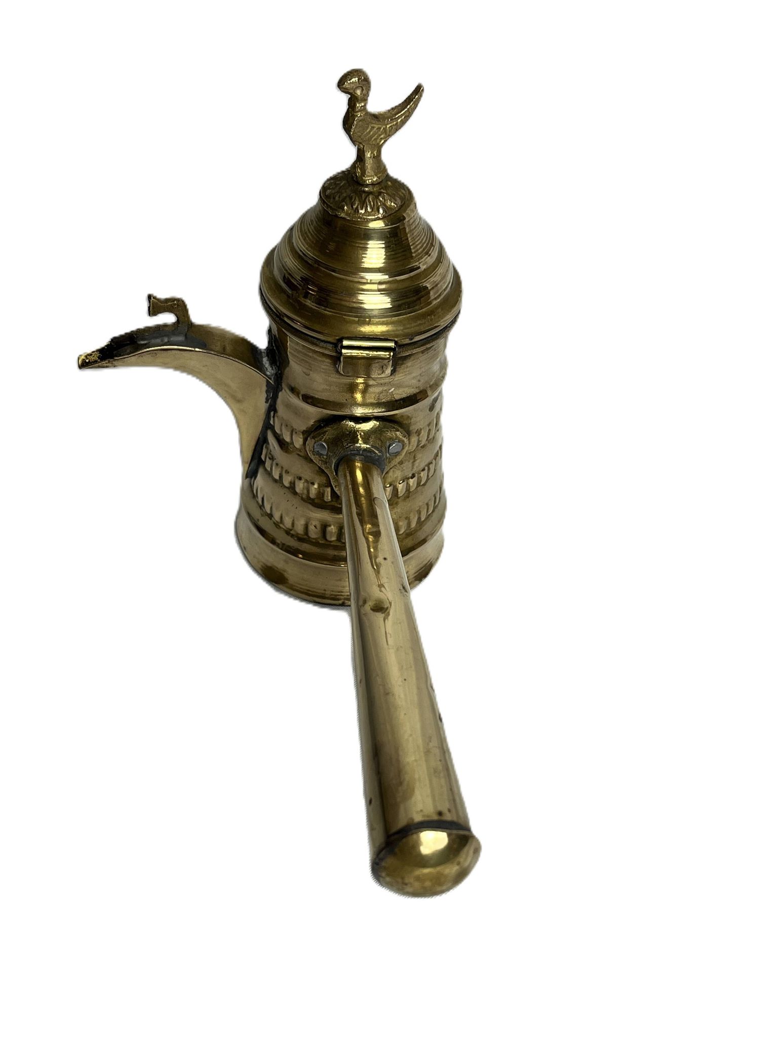 Brass dallah coffee pot with bird-shaped finial, 20th century.