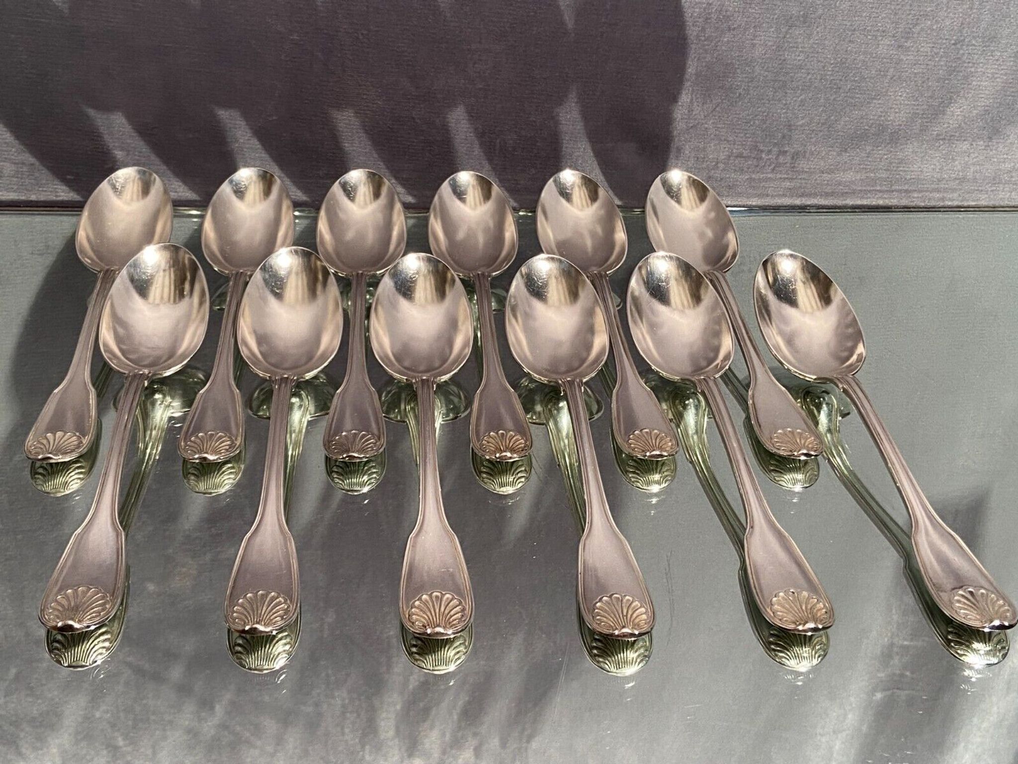 Suite of 12 large spoons silver metal decoration shell Louis XV Boulenger