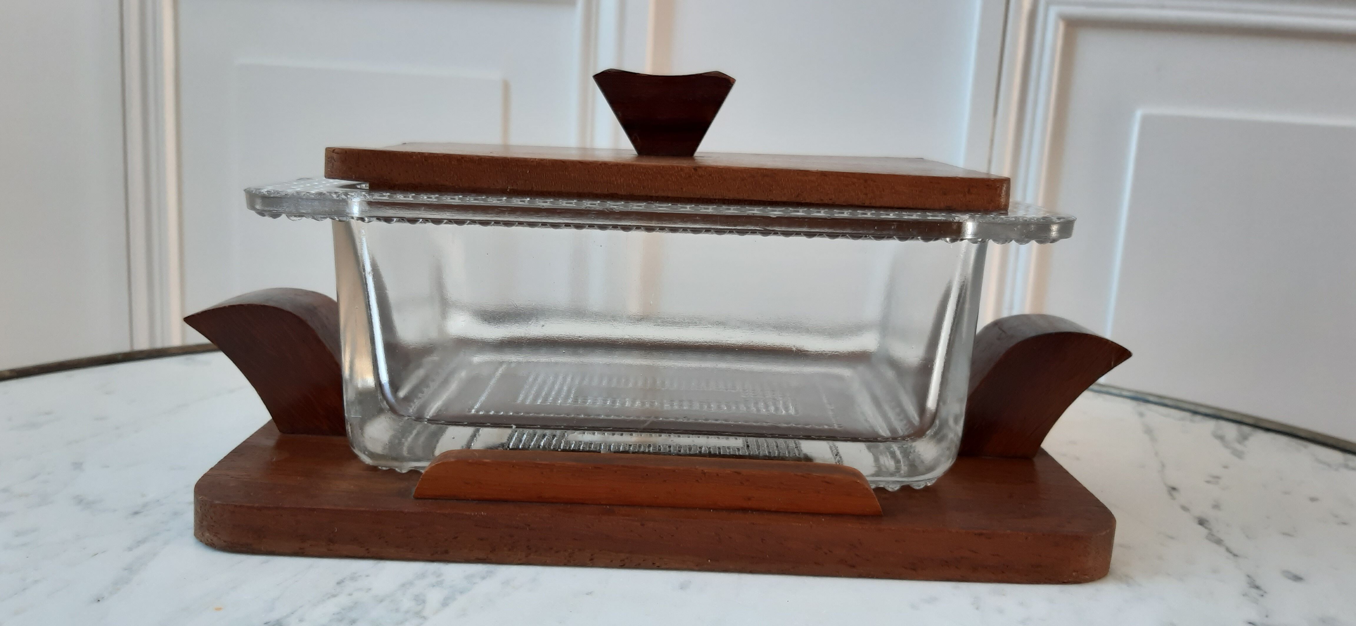 Boîte art déco en bois de hêtre et verre années 30