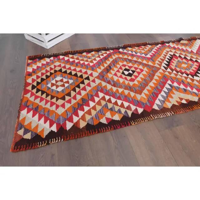 1970s Vintage Turkish Hand-Knotted Wool Cotton Orange Runner Rug 85x330