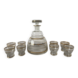 Service à liqueur en verre granité carafe et verres anciens années 50