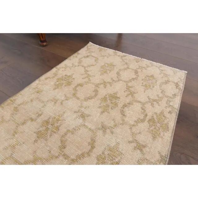 1970s vintage Turkish hand-knotted wool cotton beige runner rug 62x261