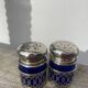 Silver-plated metal and blue glass salt and pepper shaker