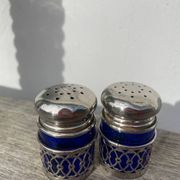 Silver-plated metal and blue glass salt and pepper shaker