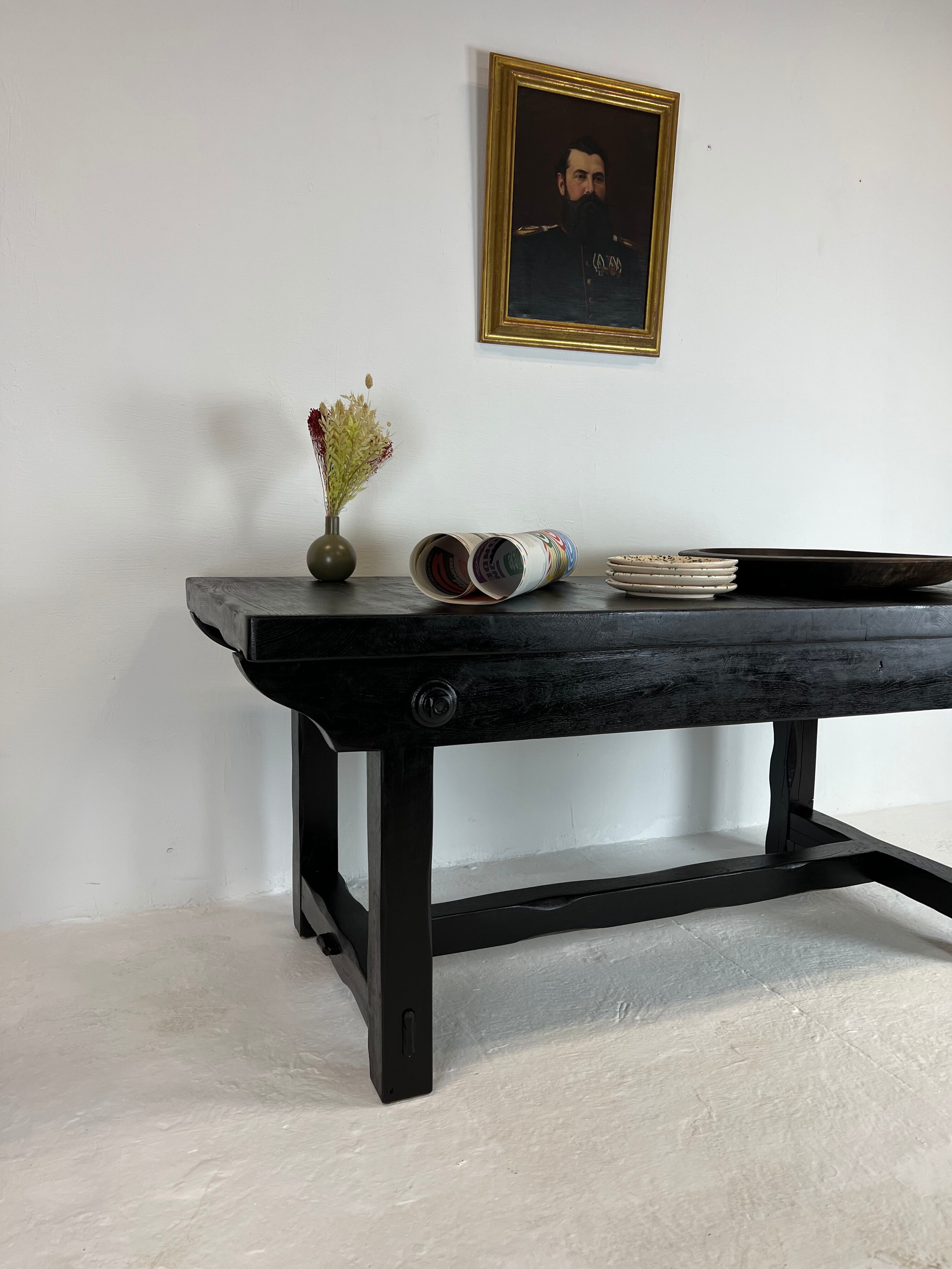Brutalist elm table Wabi-sabi spirit and its 2 benches