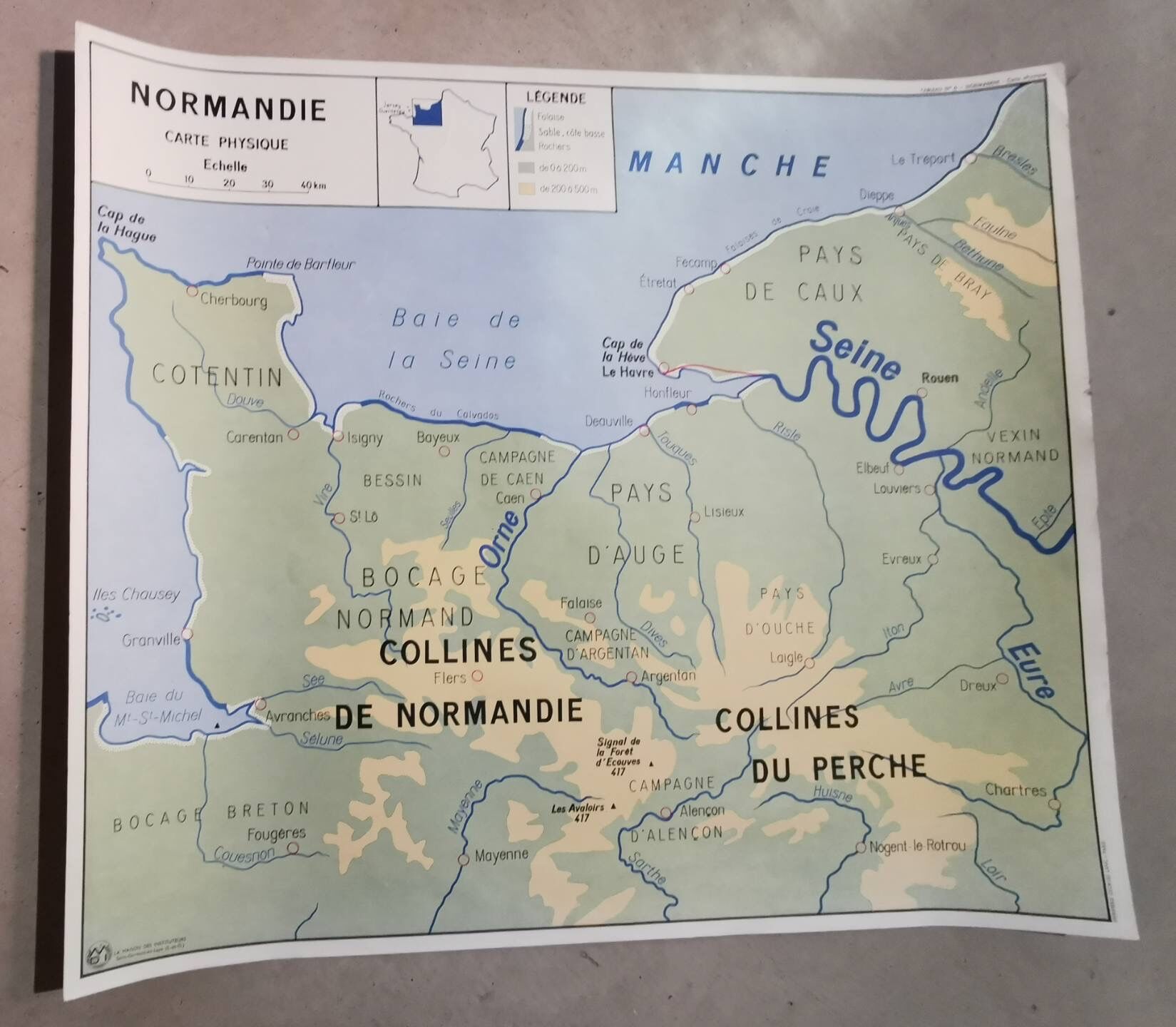 School poster two-sided Paris Basin / Normandy 1960 vintage