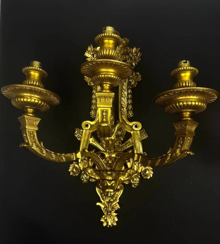 A pair of important gilt bronze wall sconces, Louis XVI style, 19th century.