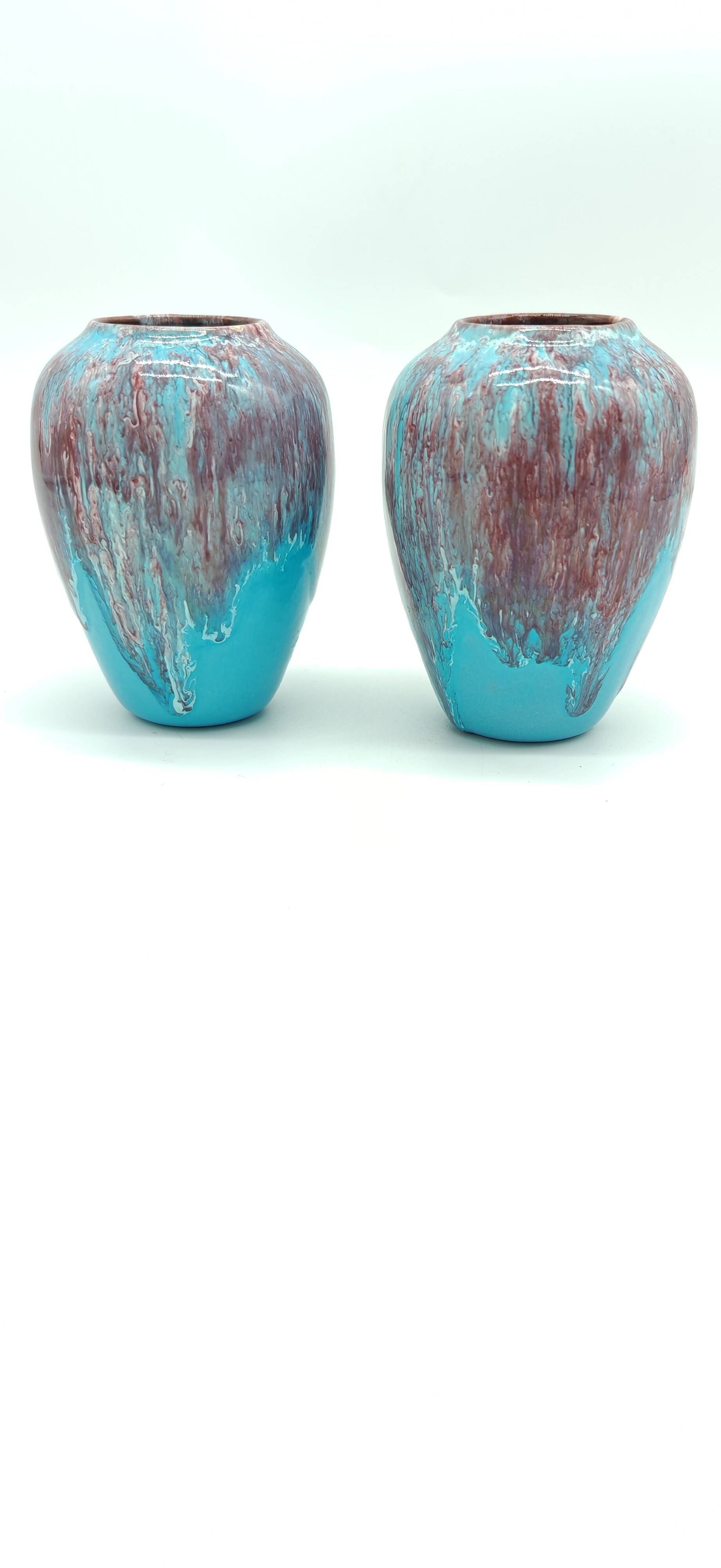 Pair of small turquoise blue vases in flamed stoneware with wine