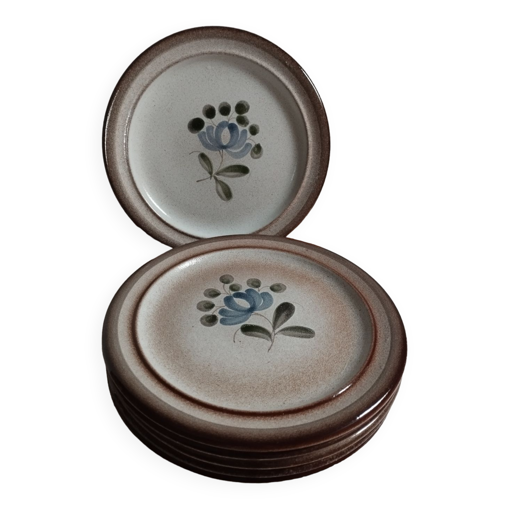 Dessert plates, beige stoneware with blue/gray flowers, by MBFA Pornic, Fanchon model, set of 6