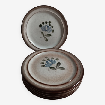 Dessert plates, blue/grey beige flower stoneware, by MBFA Pornic, Fanchon model, set of 6