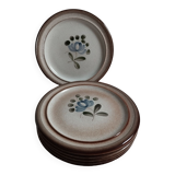Dessert plates, beige stoneware with blue/gray flowers, by MBFA Pornic, Fanchon model, set of 6