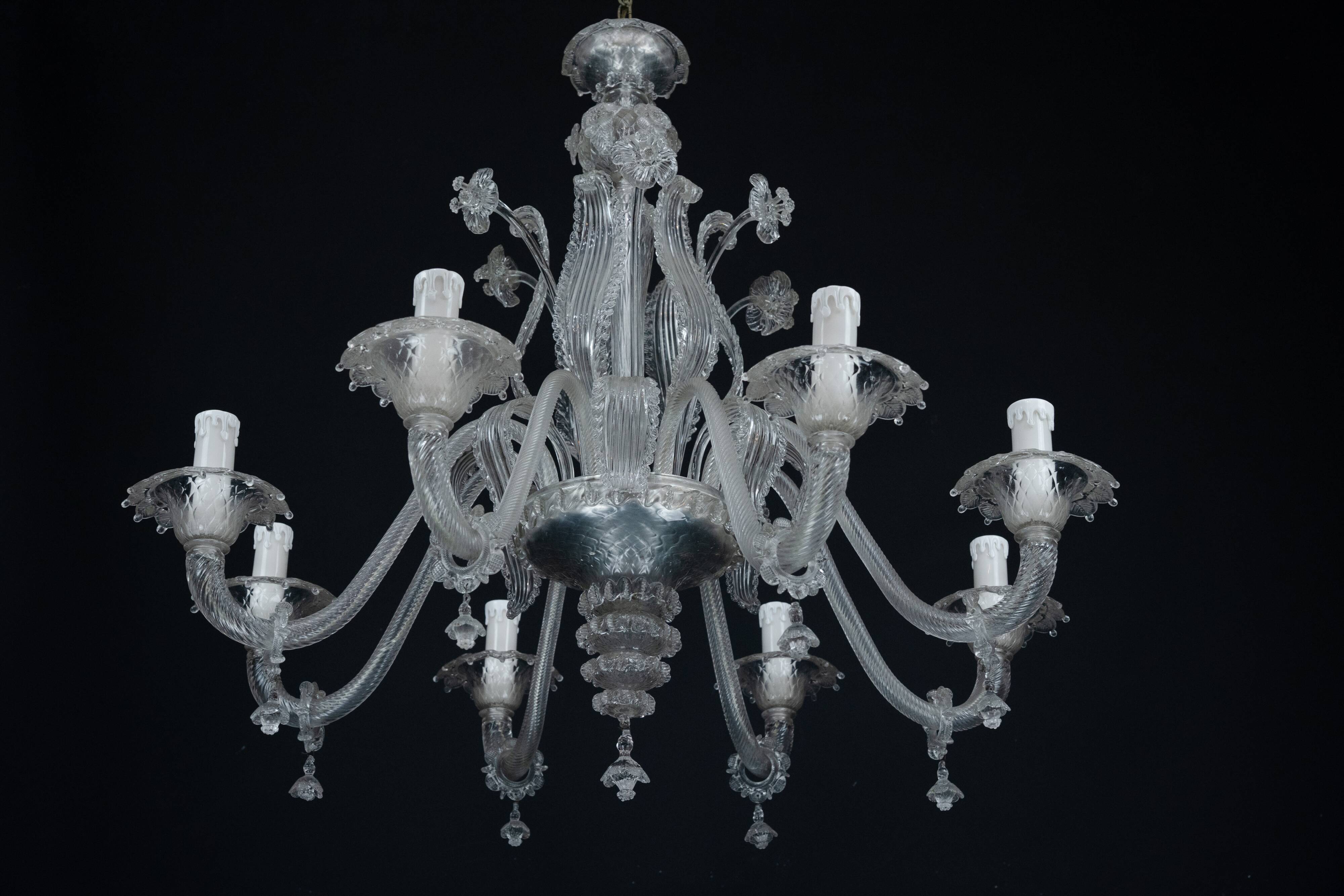 1940s Vintage Murano Clear Glass Chandelier, Classic Italian Art Glass