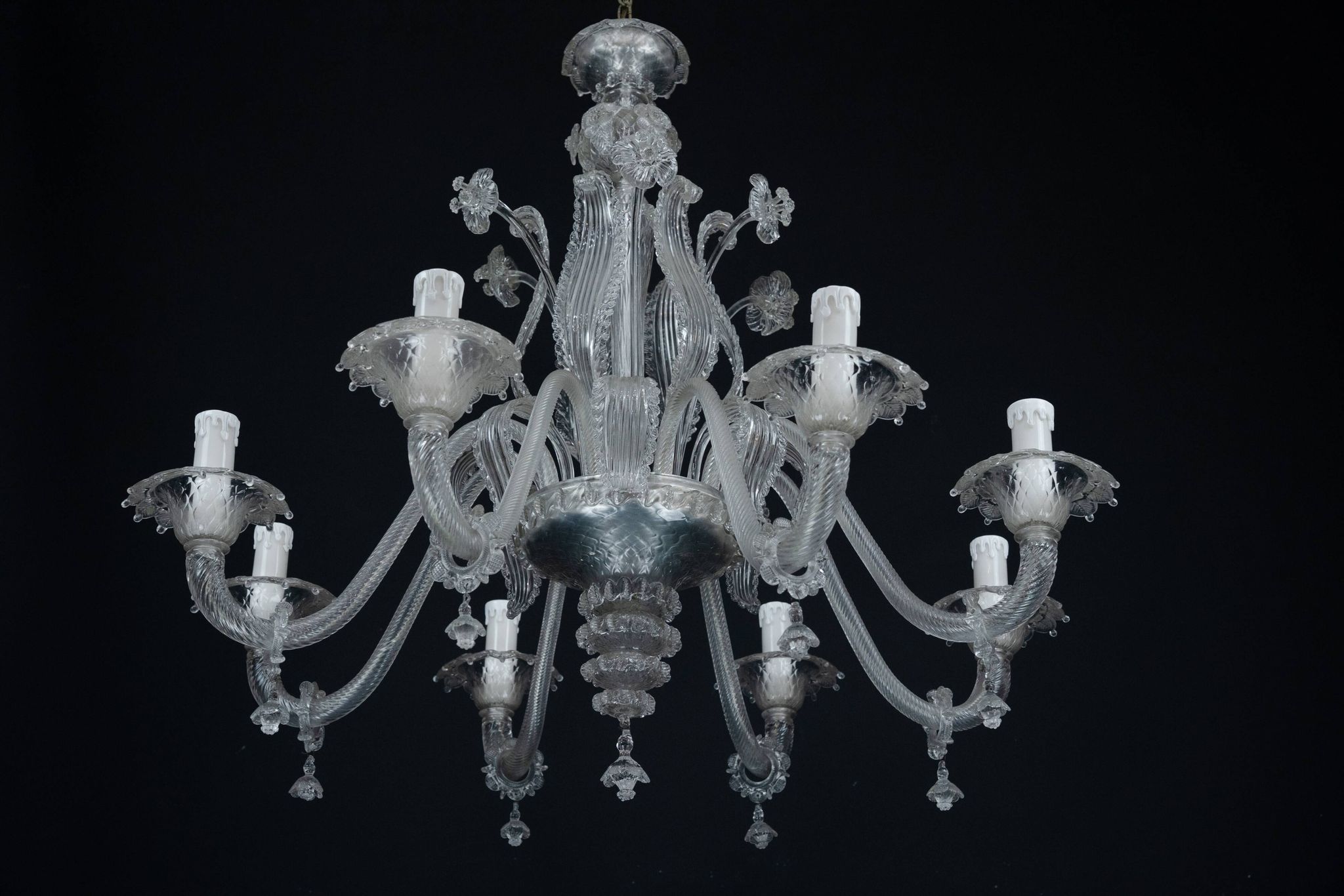 1940s Vintage Murano Clear Glass Chandelier, Classic Italian Art Glass