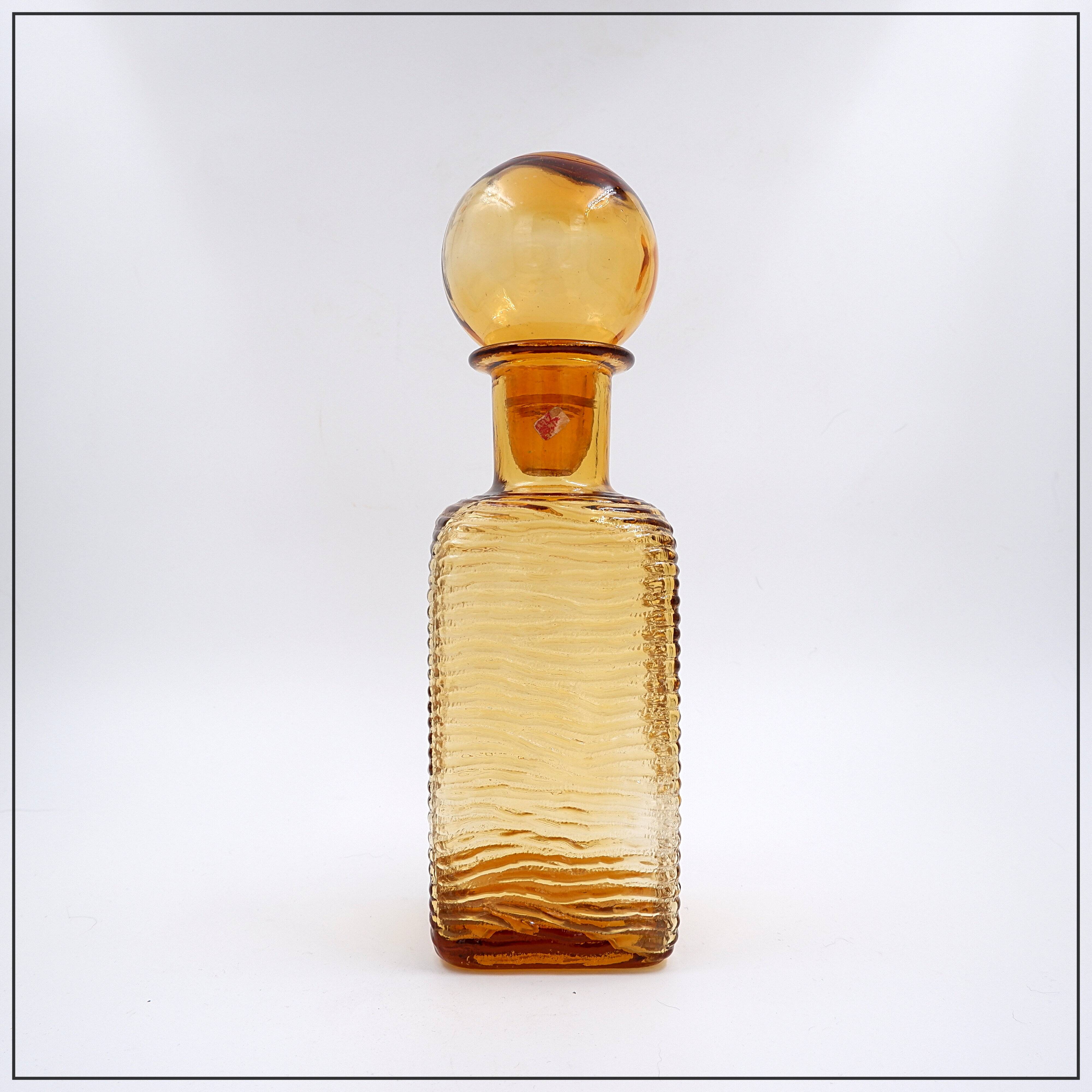 Vintage Italian MCM Empoli Wavy Amber Glass Decanter with Round Ball Stopper