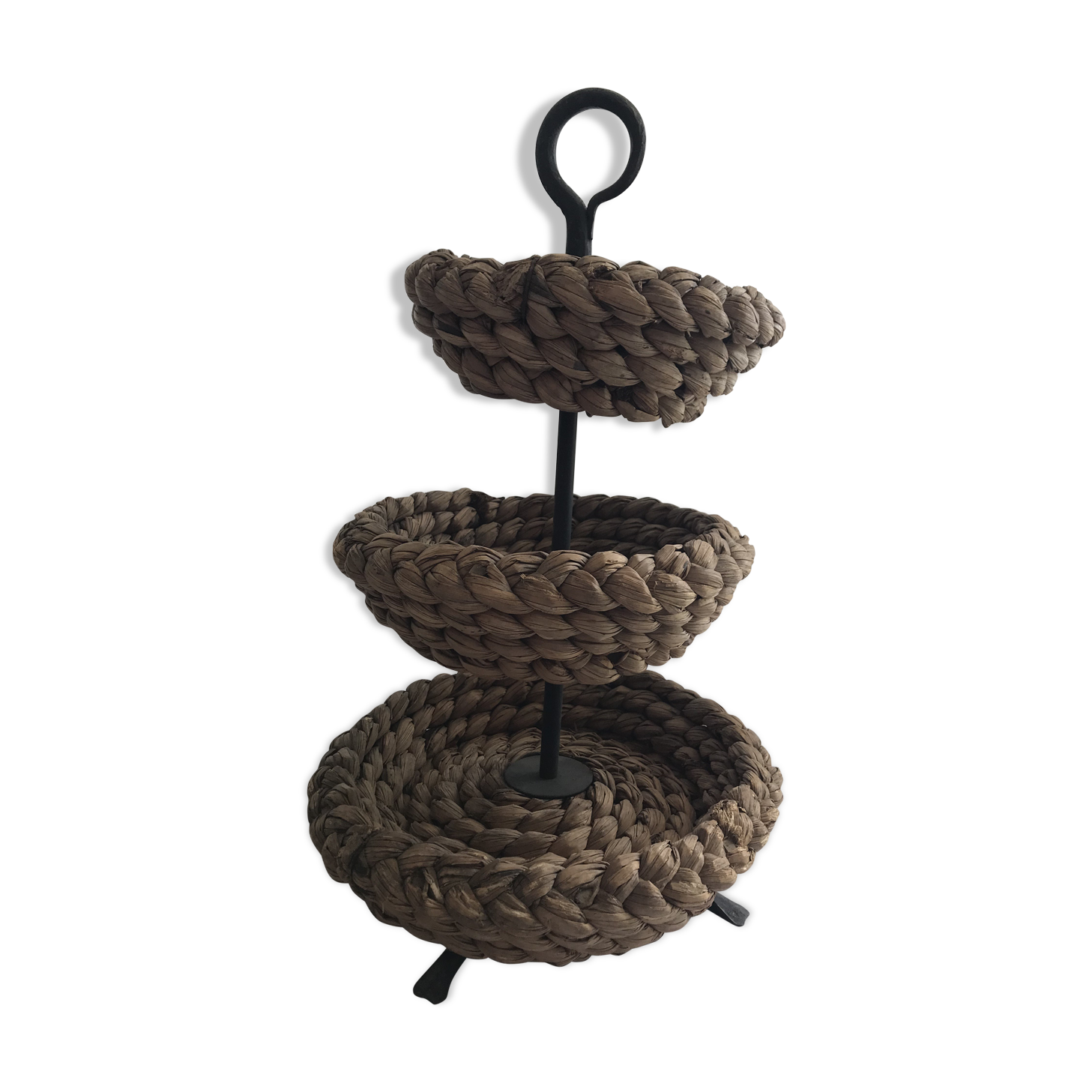 Fruit tray display in braided rope on 3 levels