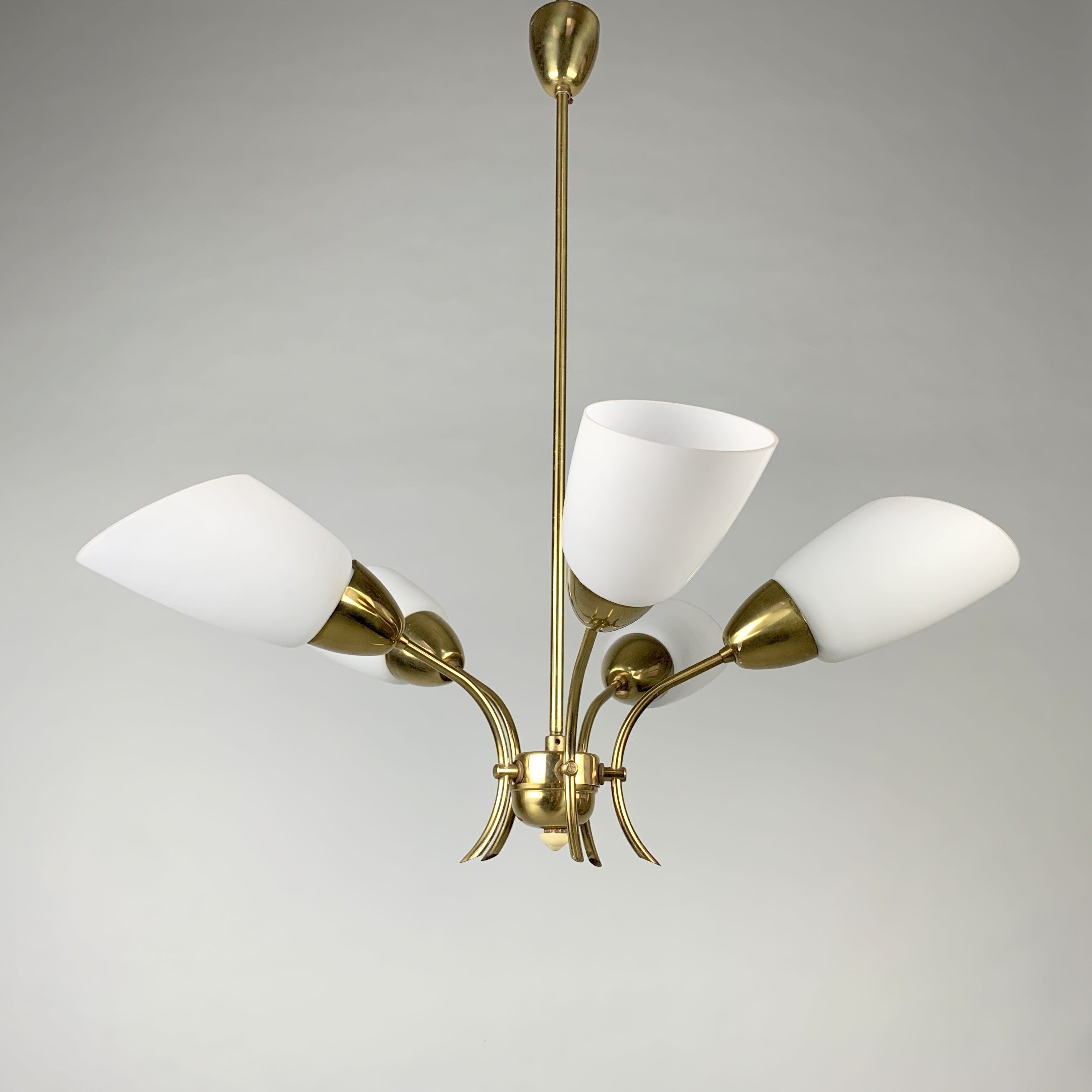 Brass and white glass chandelier, 1980
