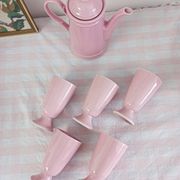 Service à café, cafetière et 5 mazagrans roses
