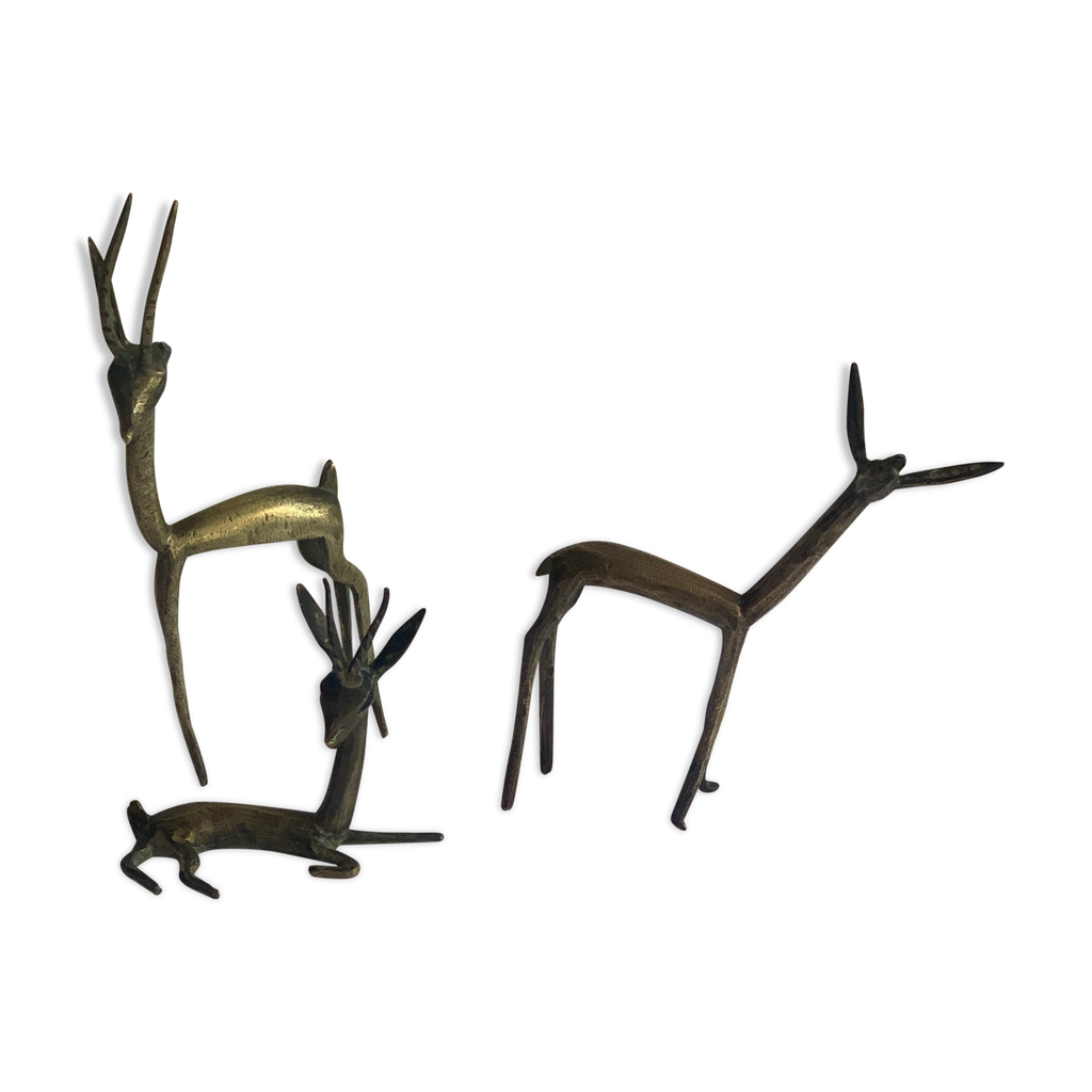 Paire De Statues Gazelle/antilope En Laiton Sur Bois - Fait Main En Inde - Dimensions Incluses