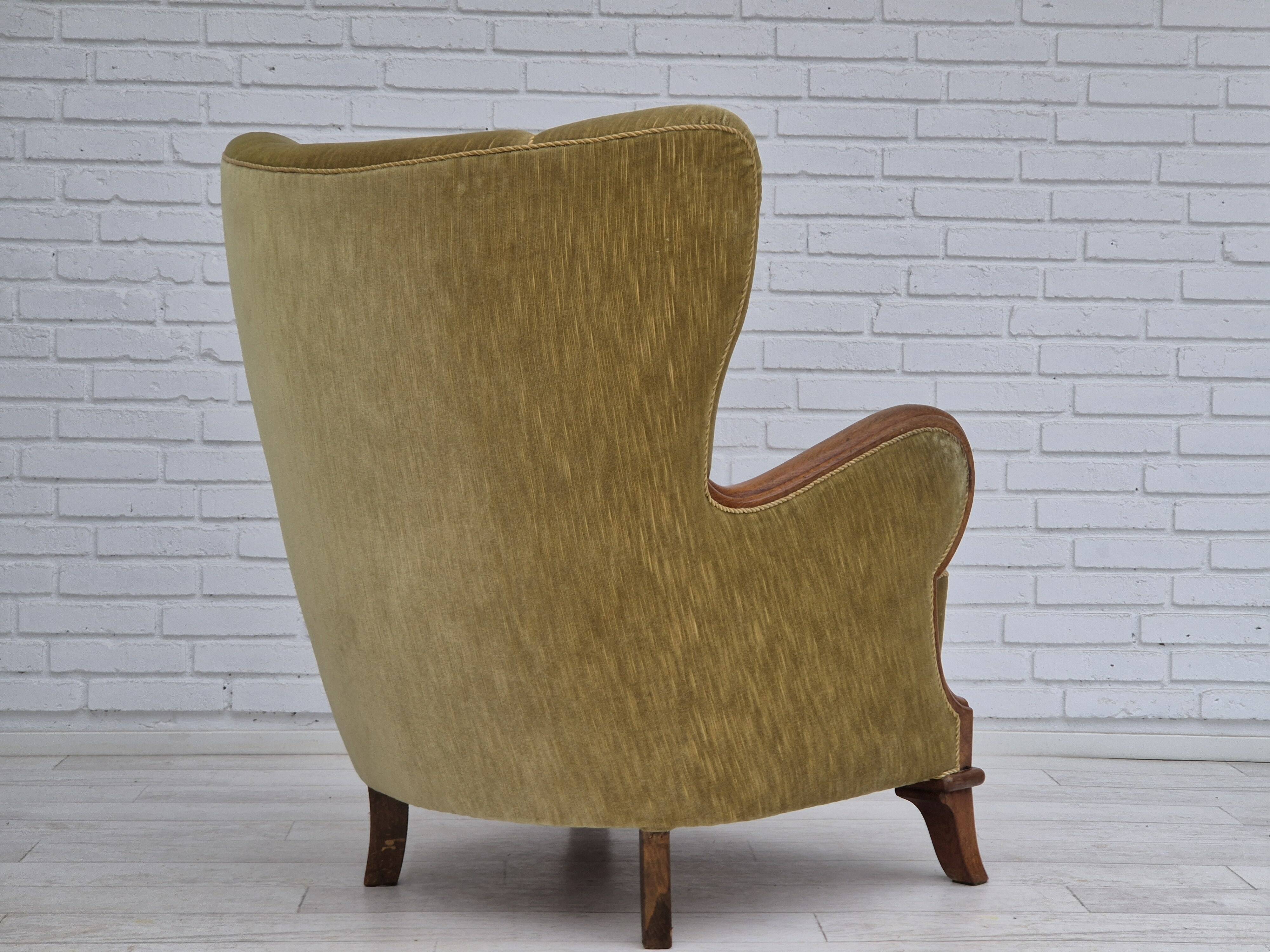 1960s, Danish armchair in original very good condition, furniture velour, oak wood.