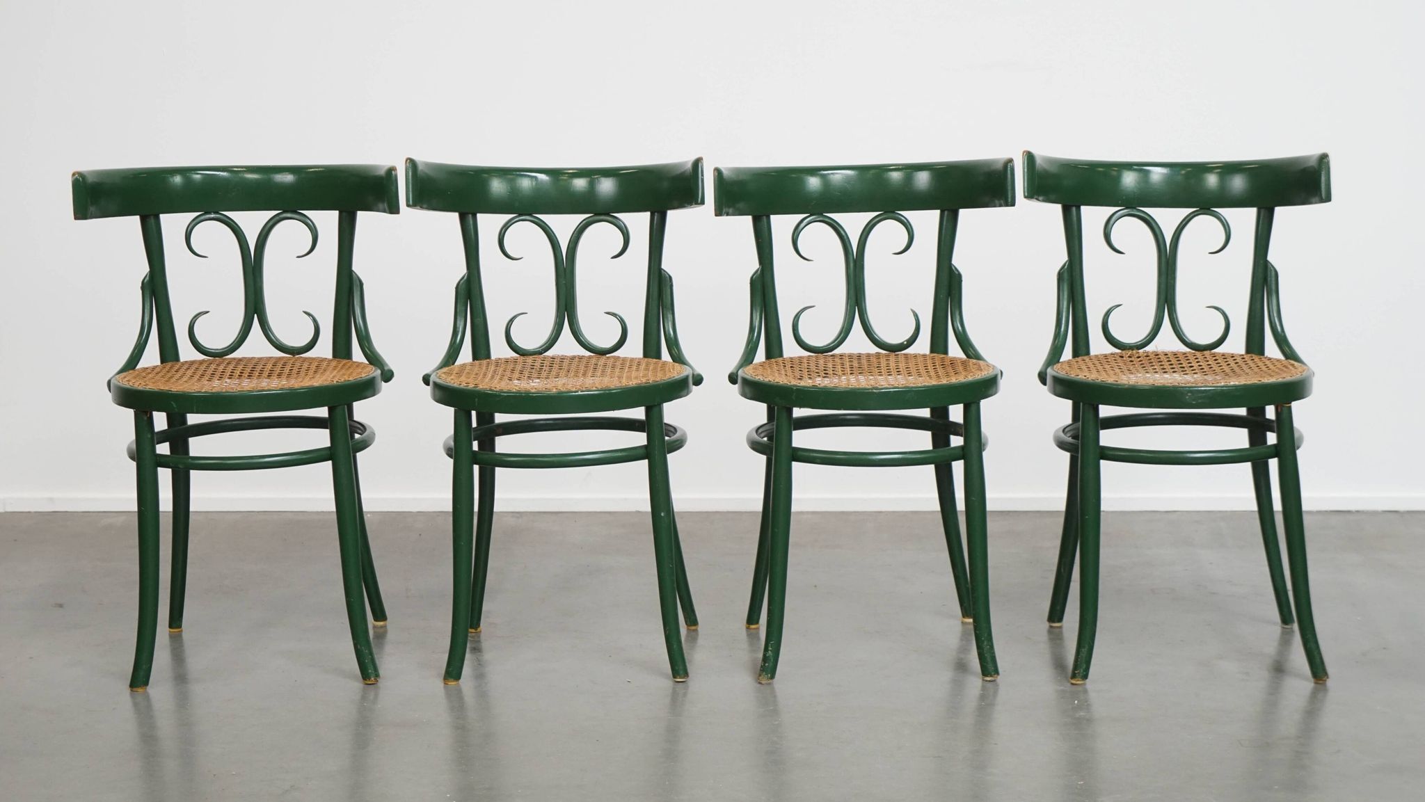 Set of 4 Green Vintage Bistro Chairs with Woven Rattan Seats