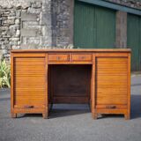 Wooden desk with curtains and sliding drawers, storage unit, vintage desk
