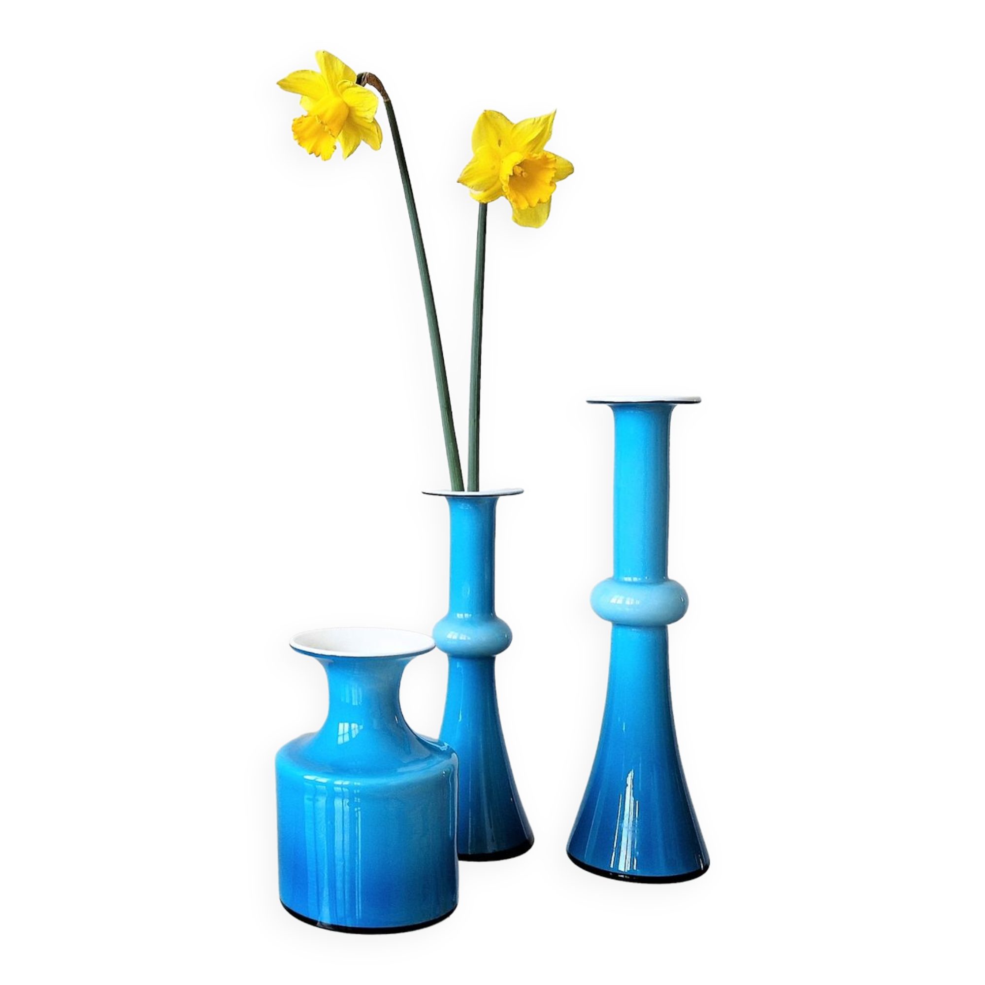 Arrangement of 3 blue glass 'Carnaby' vases by Per Lütken for Holmegaard, Denmark 1960's